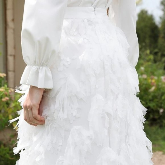 Boho White Fringe All over Detail Straight Mesh Maxi Skirt - Picture 6 of 7